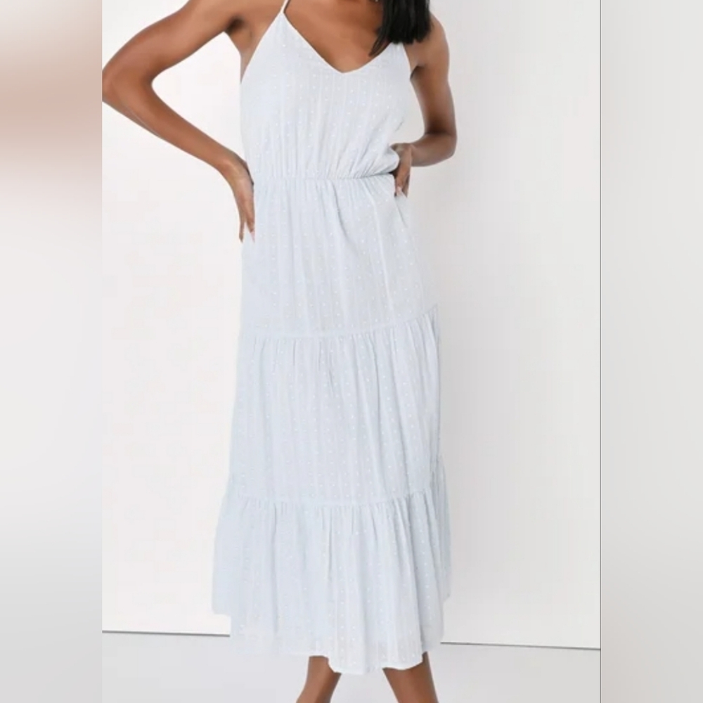 NWT Reverie Light Blue Swiss Dot Lurex Halter Midi Lightweight woven fabric